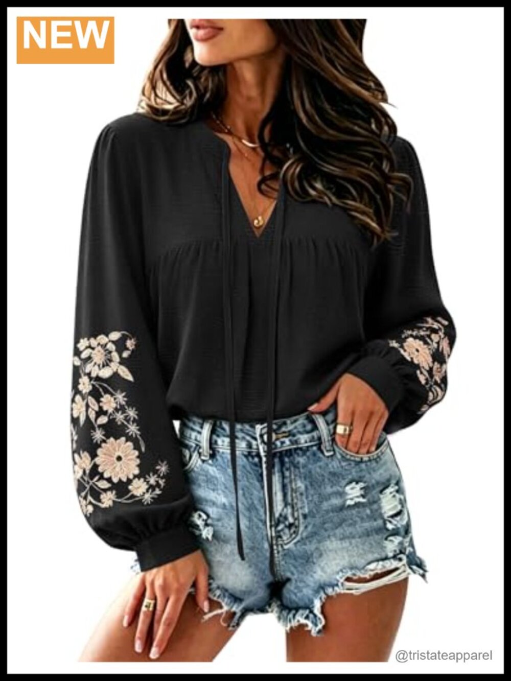 Women's Floral Embroidered Boho Top Long Sleeve V-Neck Blouse